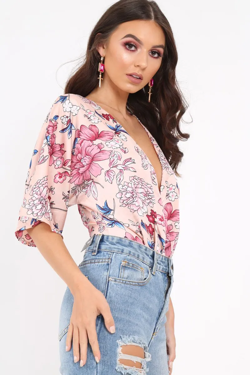 Pink Floral Satin Plunge Bodysuit - Feona