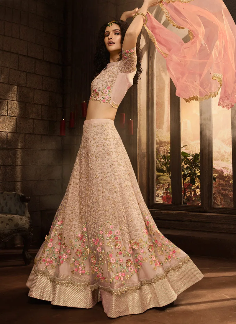 Pink Floral Zari Embroidered Lehenga Choli Set