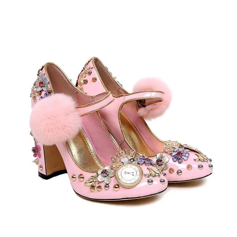 pink mary janes crystal flower women pumps with fur genuine leather ladies party shoes clock super high heels
