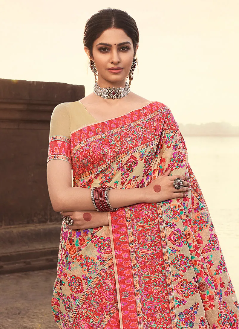 Pink Multi Traditional Motifs Detailed Banarasi Kora Silk Saree