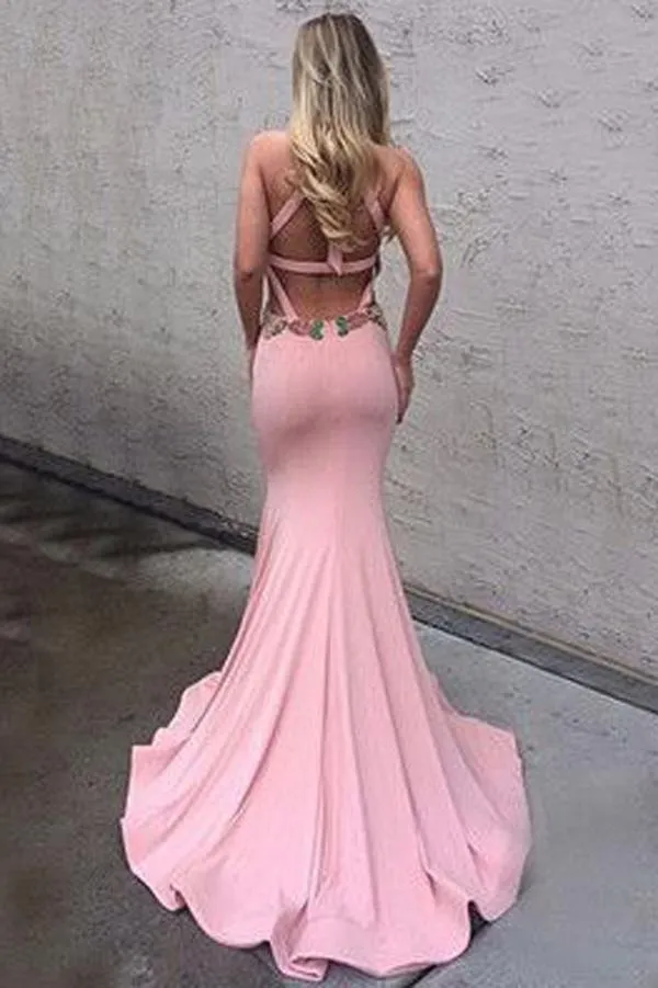 Pink Open Back Halter Memaid Cheap Backless Long Prom Dresses, MP333