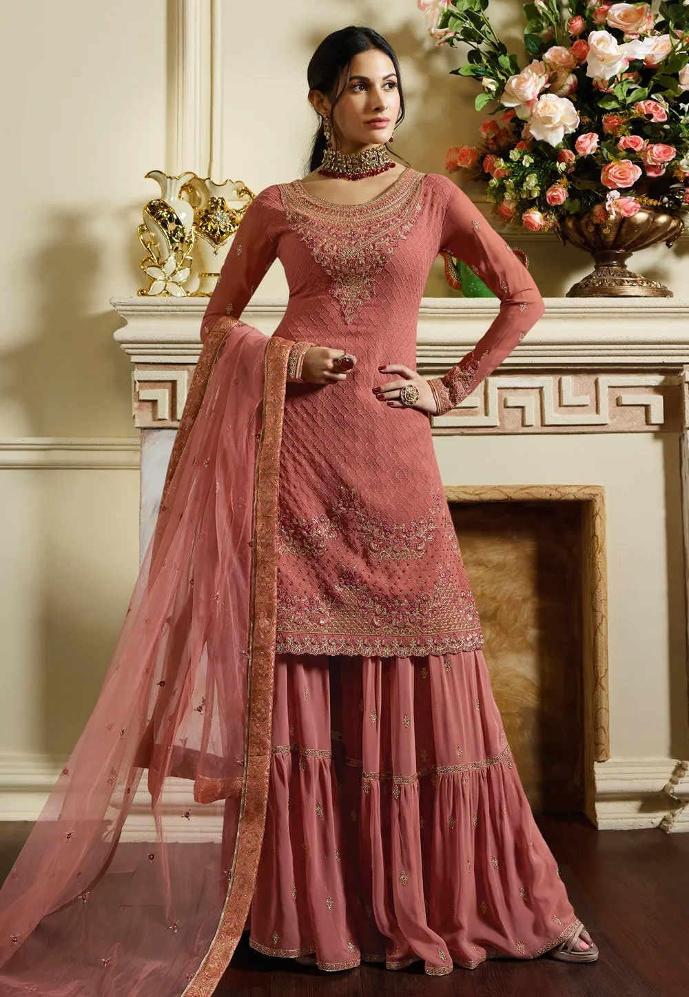 Pink Overall Traditional Embroidered Gharara Suit