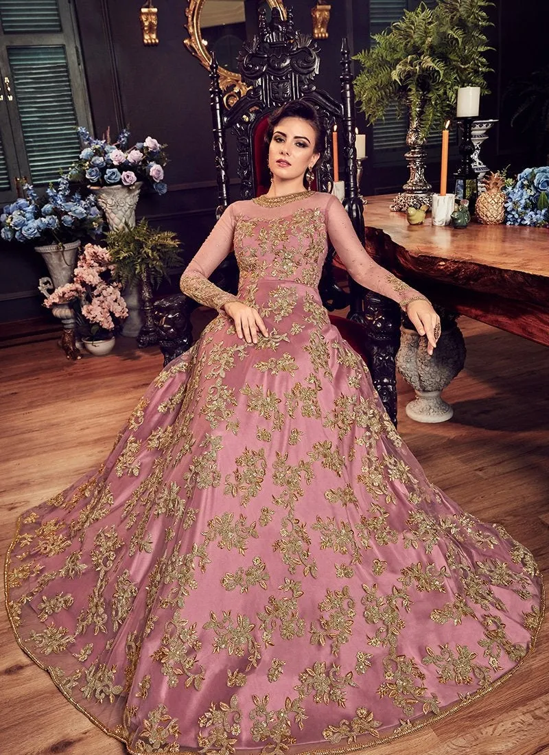 Pink Princess With All Gold Embroidered Flared Anarkali Suit