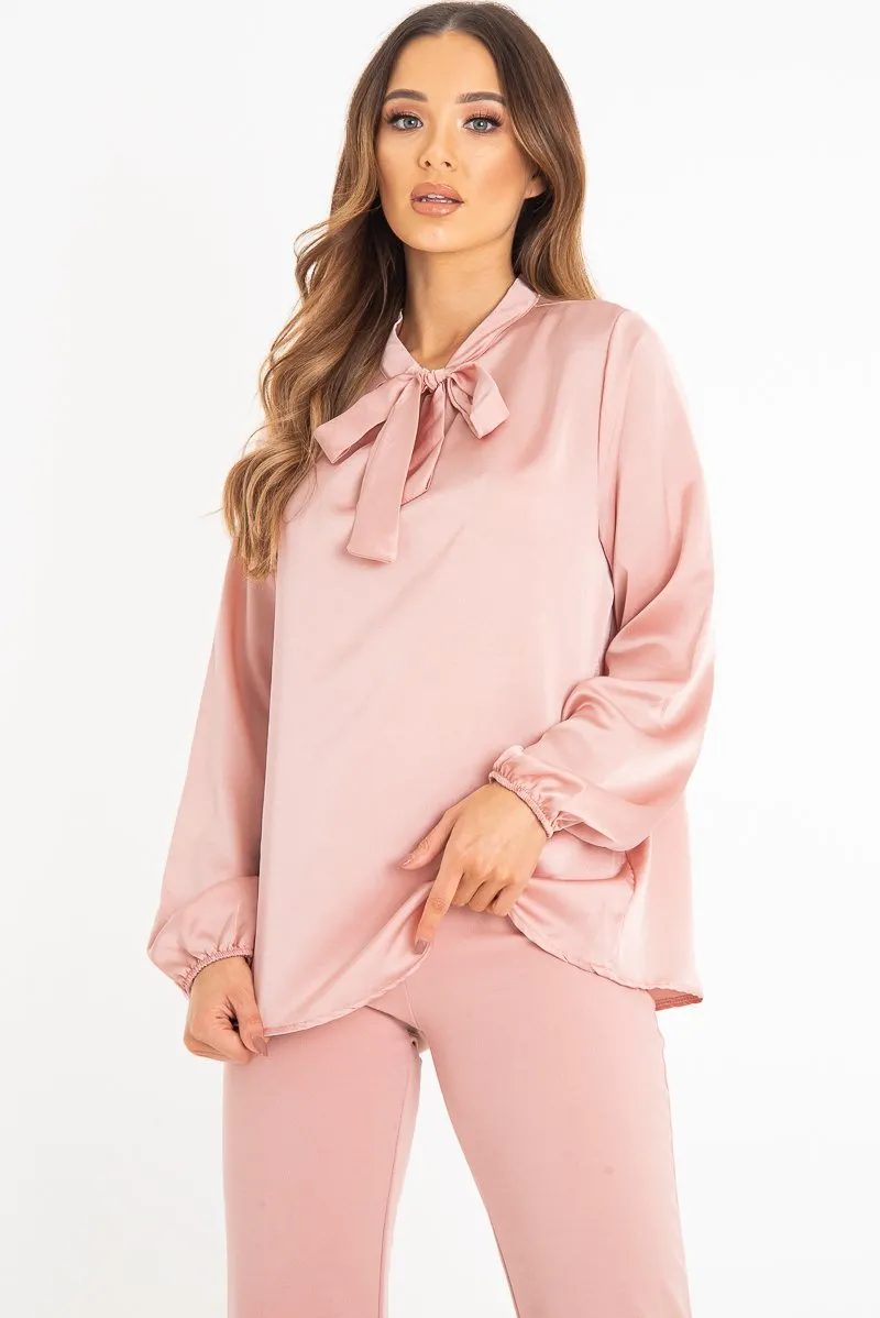 Pink Satin Tie Front Long Sleeve Blouse - Cherie