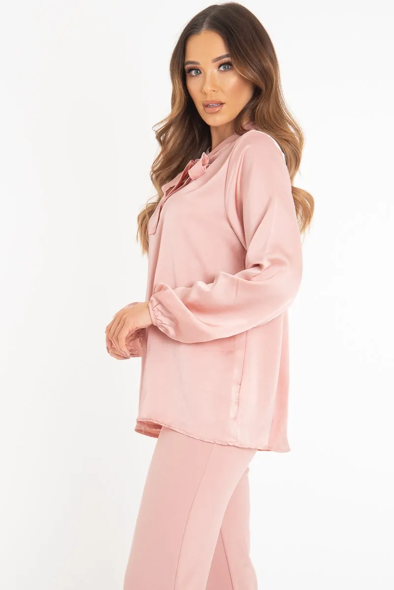 Pink Satin Tie Front Long Sleeve Blouse - Cherie