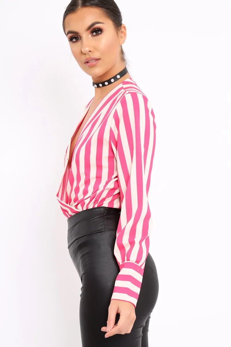 Pink Stripe Plunge Satin Bodysuit - North