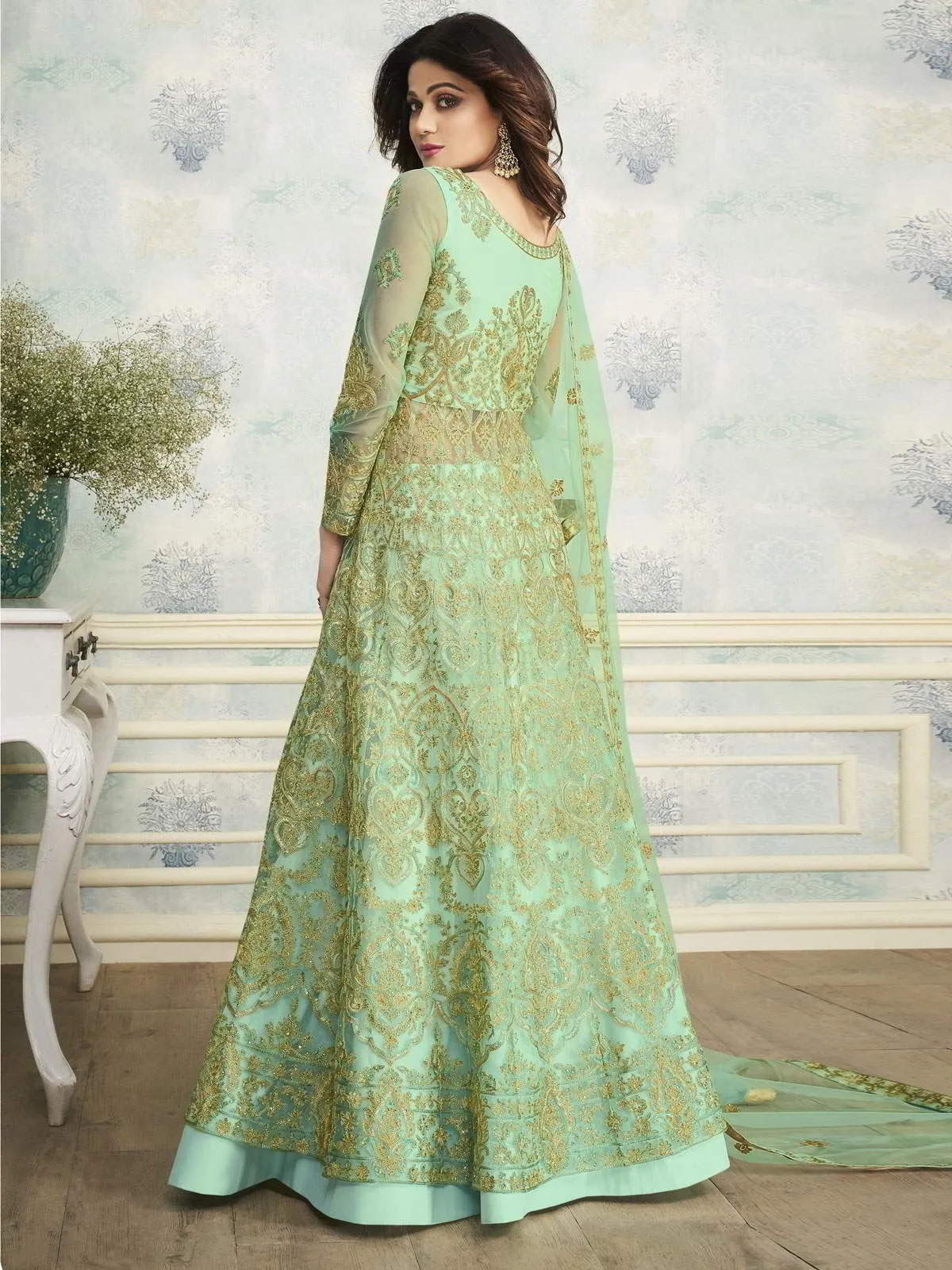 Pista Green Heavy Embroidered Indo Western Wedding Lehenga