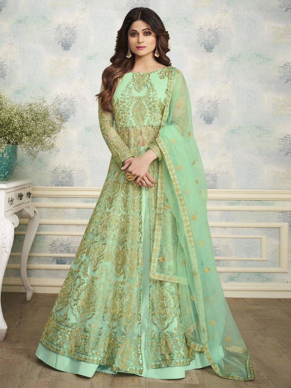 Pista Green Heavy Embroidered Indo Western Wedding Lehenga