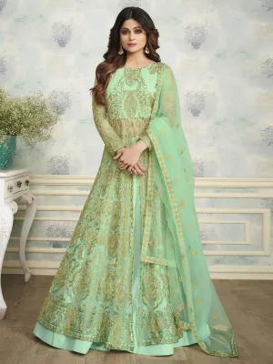 Pista Green Heavy Embroidered Indo Western Wedding Lehenga