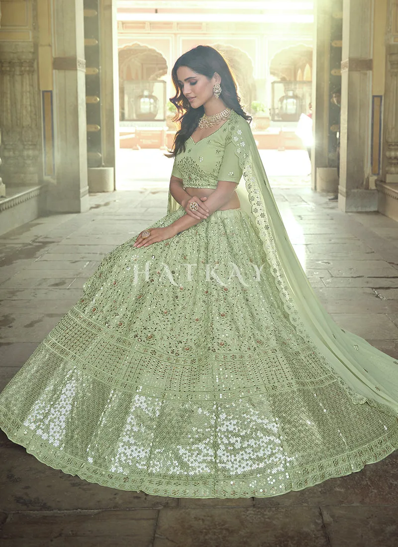 Pista Green Sequence Embroidered Wedding Lehenga Choli