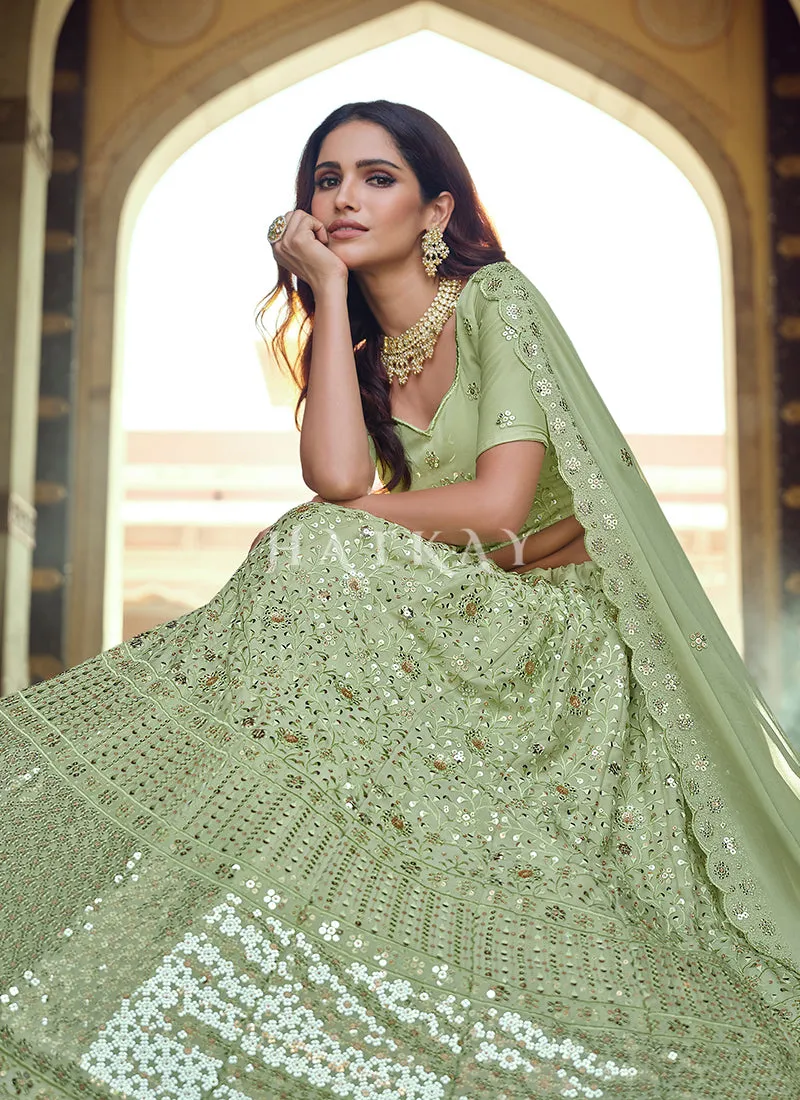 Pista Green Sequence Embroidered Wedding Lehenga Choli