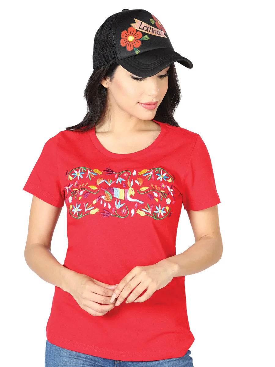 Playera Artesanal Cuello Redondo Bordada Conejo y Flores para Mujer