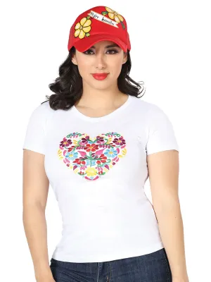 Playera Artesanal Cuello Redondo Bordada Corazon con Flores para Mujer