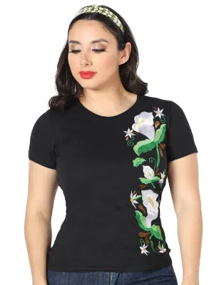 Playera Artesanal Cuello Redondo Bordada de Flores para Mujer
