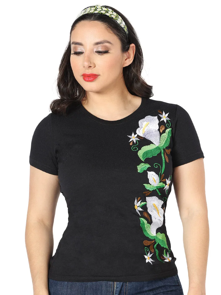 Playera Artesanal Cuello Redondo Bordada de Flores para Mujer