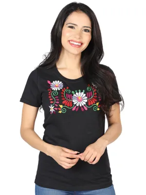 Playera Artesanal Cuello Redondo Bordada de Flores para Mujer