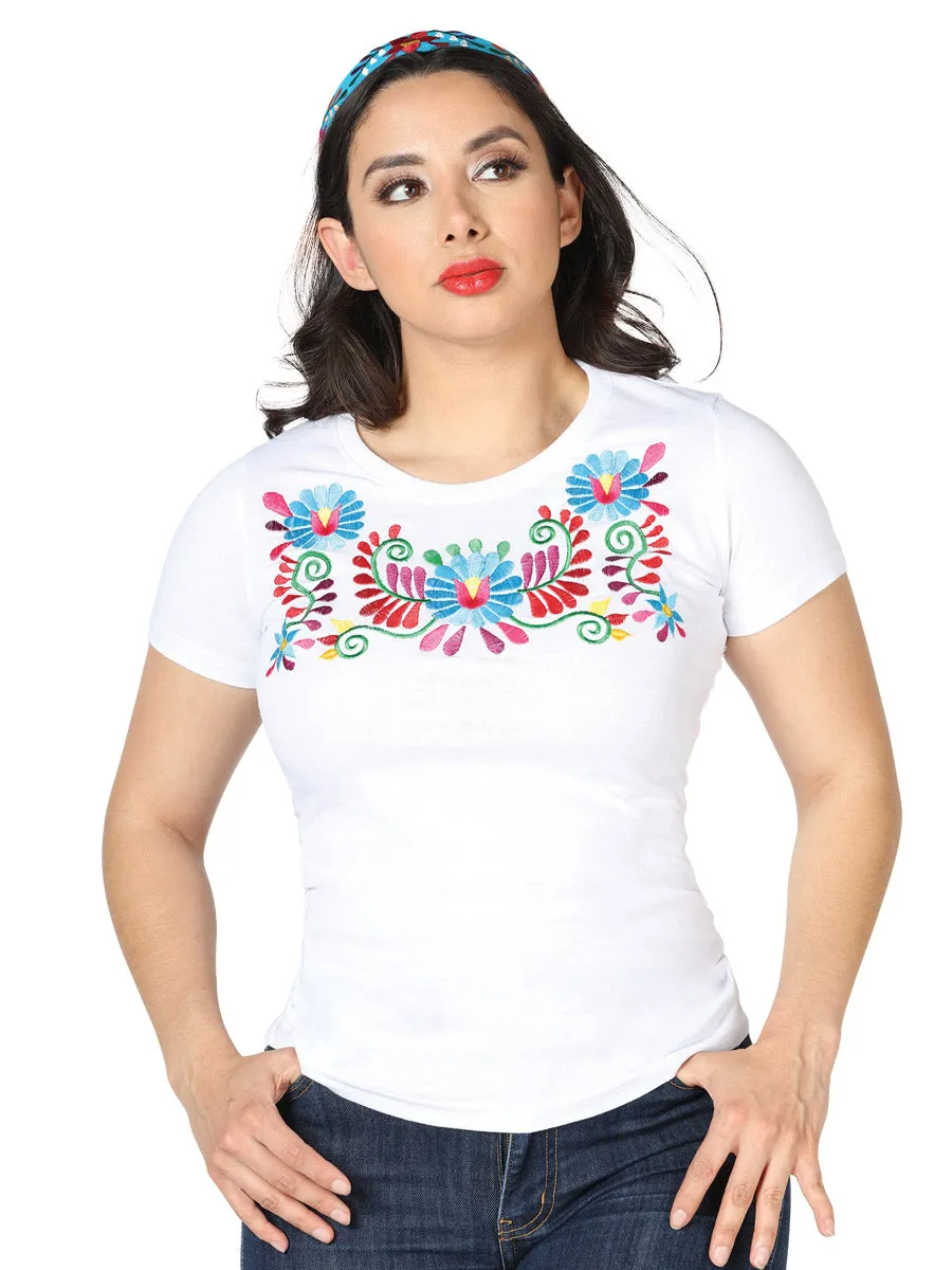 Playera Artesanal Cuello Redondo Bordada de Flores para Mujer