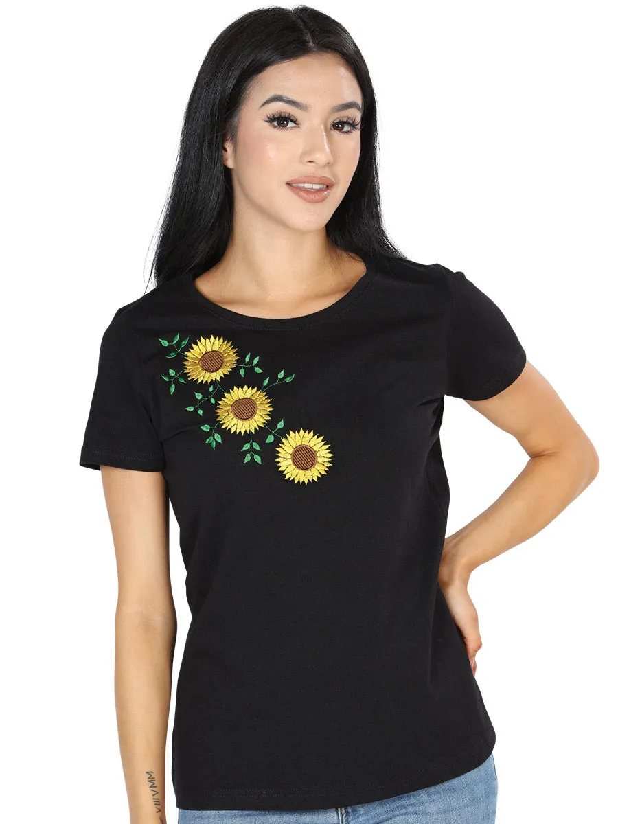 Playera Artesanal Cuello Redondo Bordada de Girasoles para Mujer