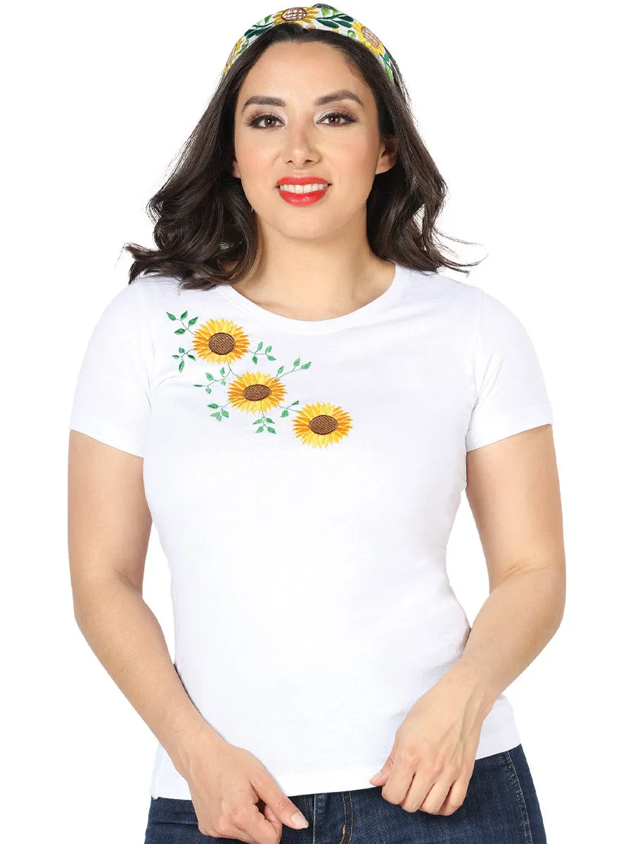 Playera Artesanal Cuello Redondo Bordada de Girasoles para Mujer