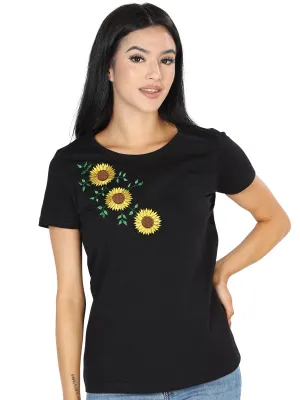 Playera Artesanal Cuello Redondo Bordada de Girasoles para Mujer