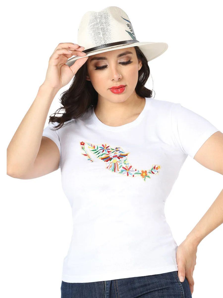 Playera Artesanal Cuello Redondo Bordada Mapa de Mexico para Mujer