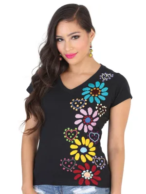 Playera Artesanal Cuello V Bordada de Flores para Mujer