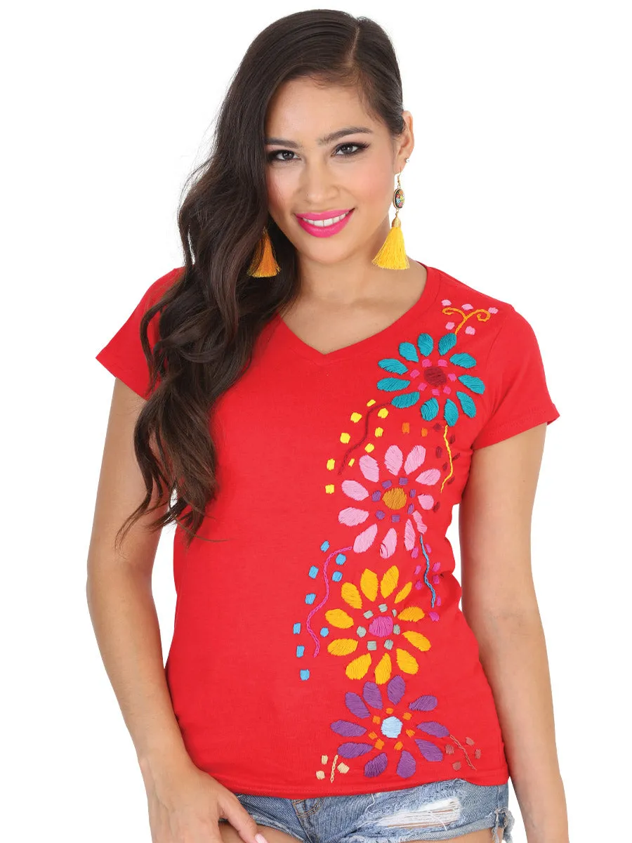 Playera Artesanal Cuello V Bordada de Flores para Mujer