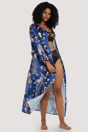 Playful Promises - Peacock Print Satin Kimono Robe Teal