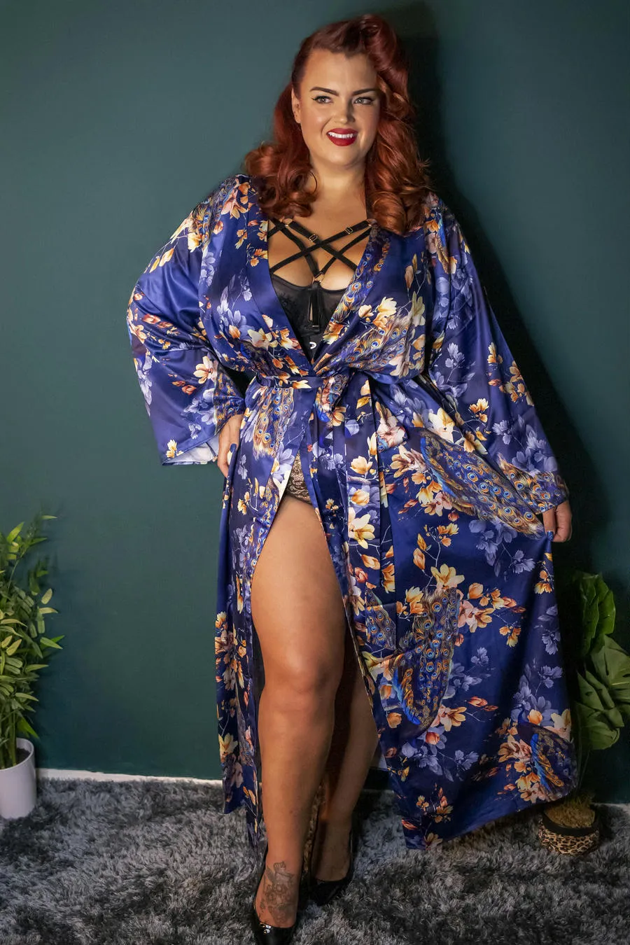 Playful Promises - Peacock Print Satin Kimono Robe Teal
