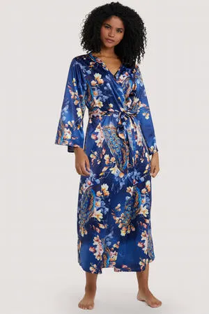 Playful Promises - Peacock Print Satin Kimono Robe Teal