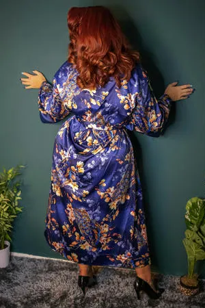 Playful Promises - Peacock Print Satin Kimono Robe Teal