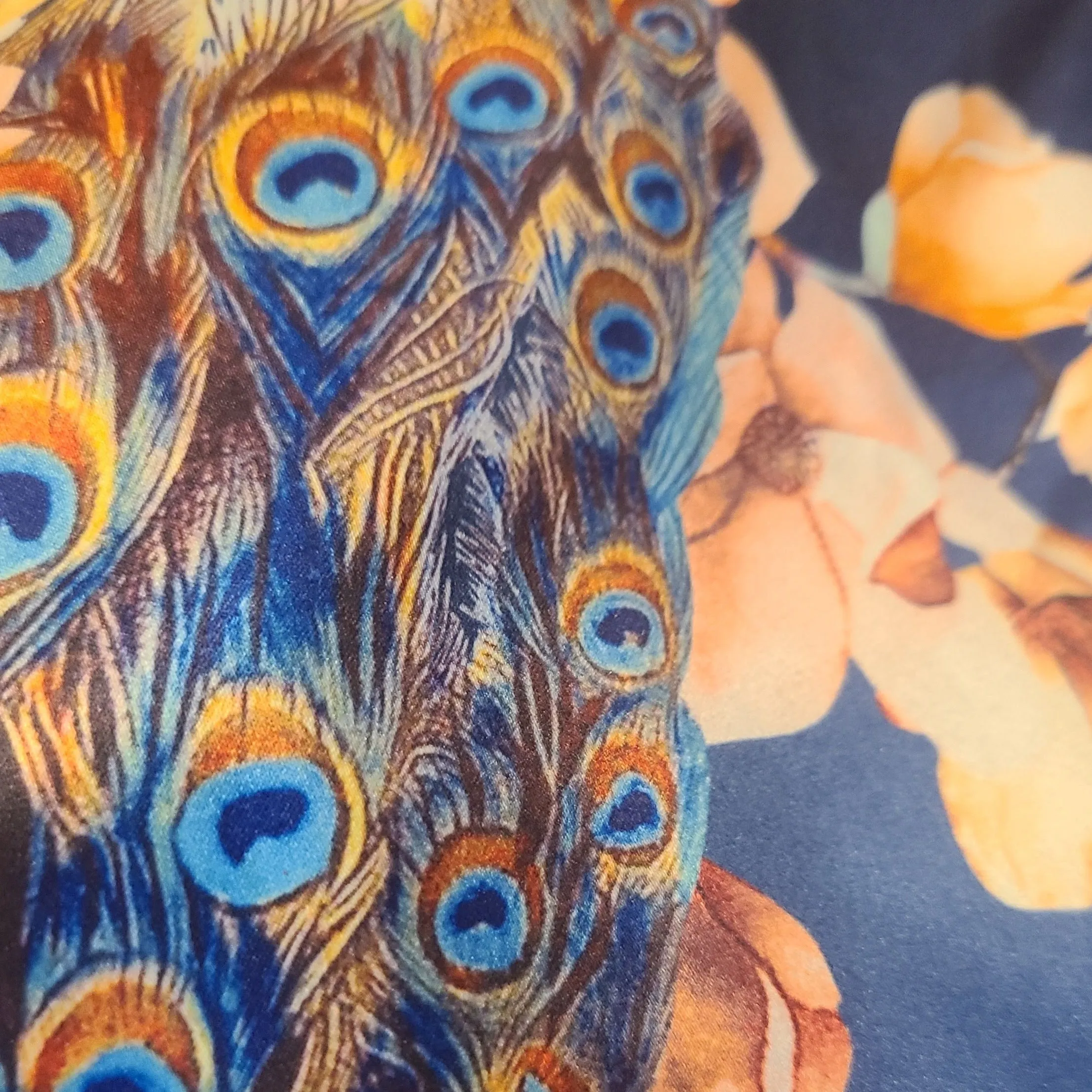 Playful Promises - Peacock Print Satin Kimono Robe Teal