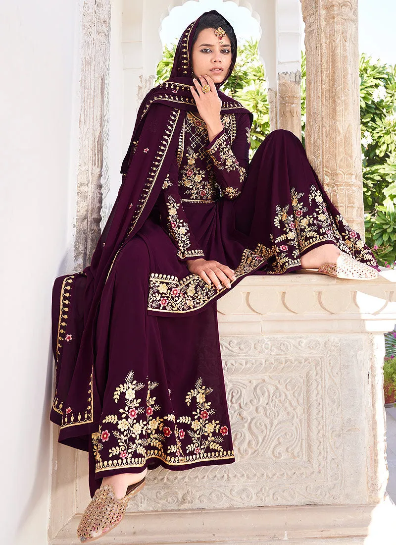 Plum Golden Embroidered Gharara Palazzo Suit