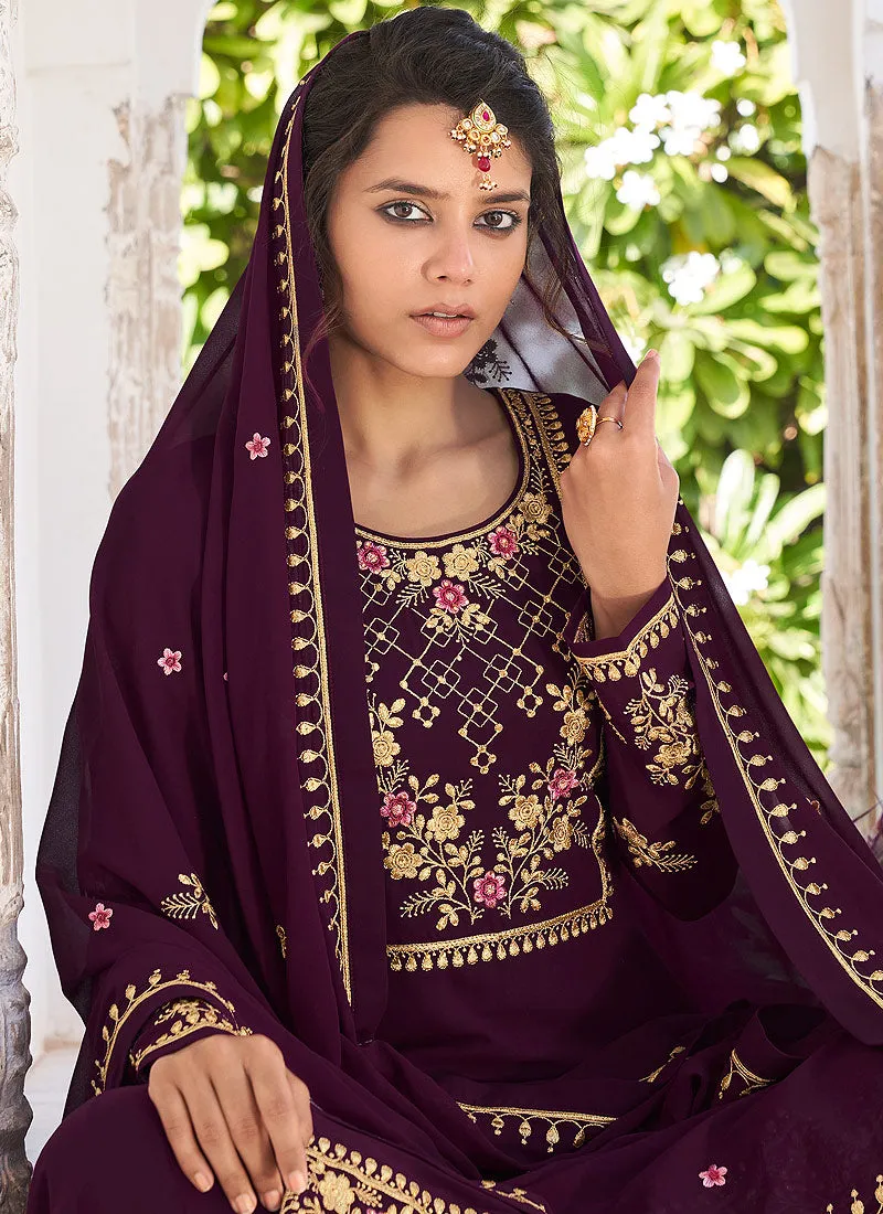 Plum Golden Embroidered Gharara Palazzo Suit