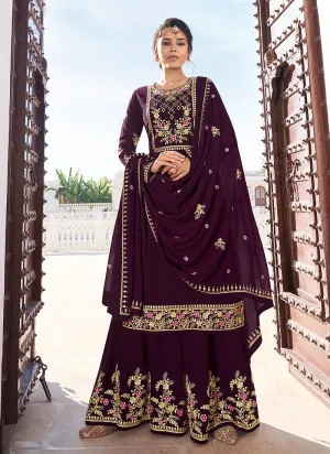 Plum Golden Embroidered Gharara Palazzo Suit