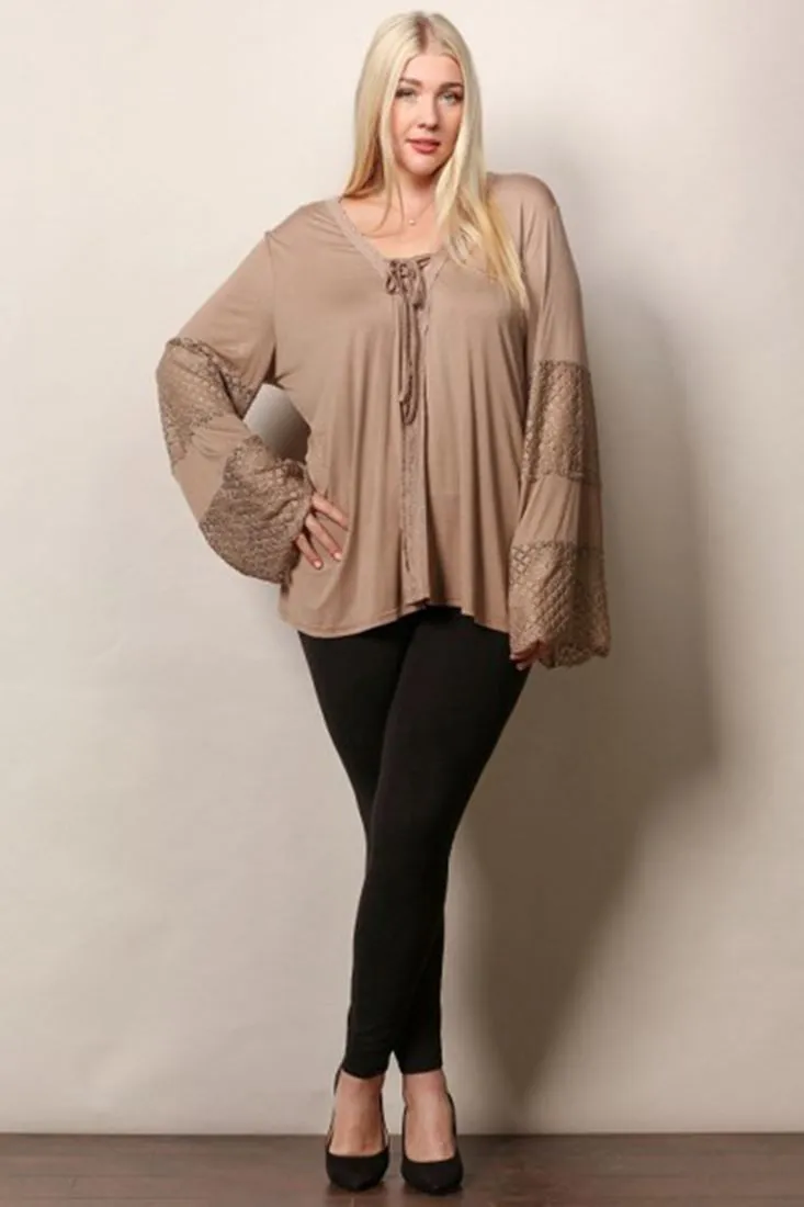 Plus Size Lace Shirt with Long Bell Sleeves Mocha