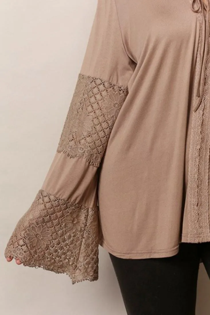 Plus Size Lace Shirt with Long Bell Sleeves Mocha