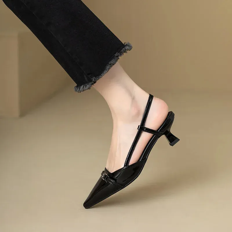 Pointed Patent Leather Sandals - Mid-Heel Overhead Retro Skinny Heel Backless Shoes for Women