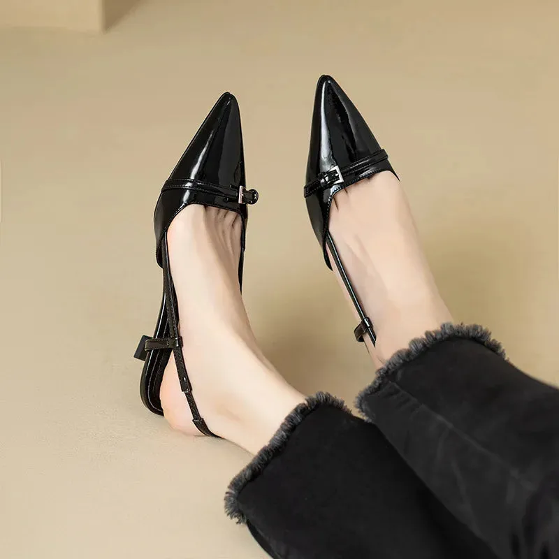 Pointed Patent Leather Sandals - Mid-Heel Overhead Retro Skinny Heel Backless Shoes for Women