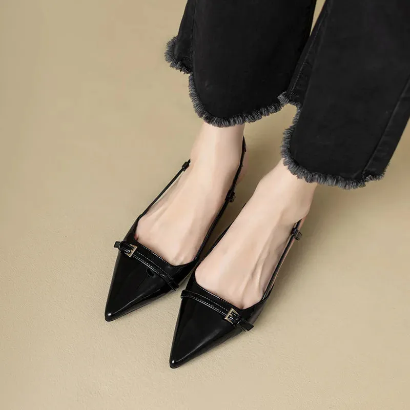 Pointed Patent Leather Sandals - Mid-Heel Overhead Retro Skinny Heel Backless Shoes for Women