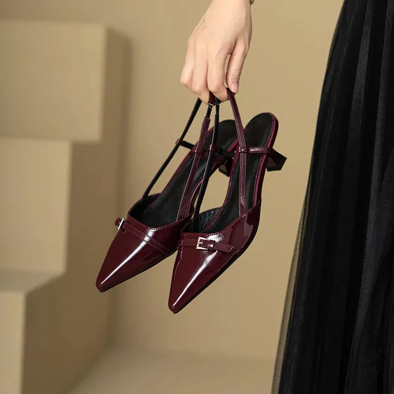 Pointed Patent Leather Sandals - Mid-Heel Overhead Retro Skinny Heel Backless Shoes for Women