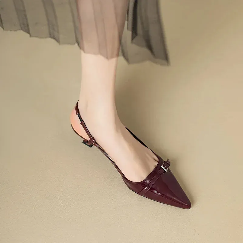Pointed Patent Leather Sandals - Mid-Heel Overhead Retro Skinny Heel Backless Shoes for Women