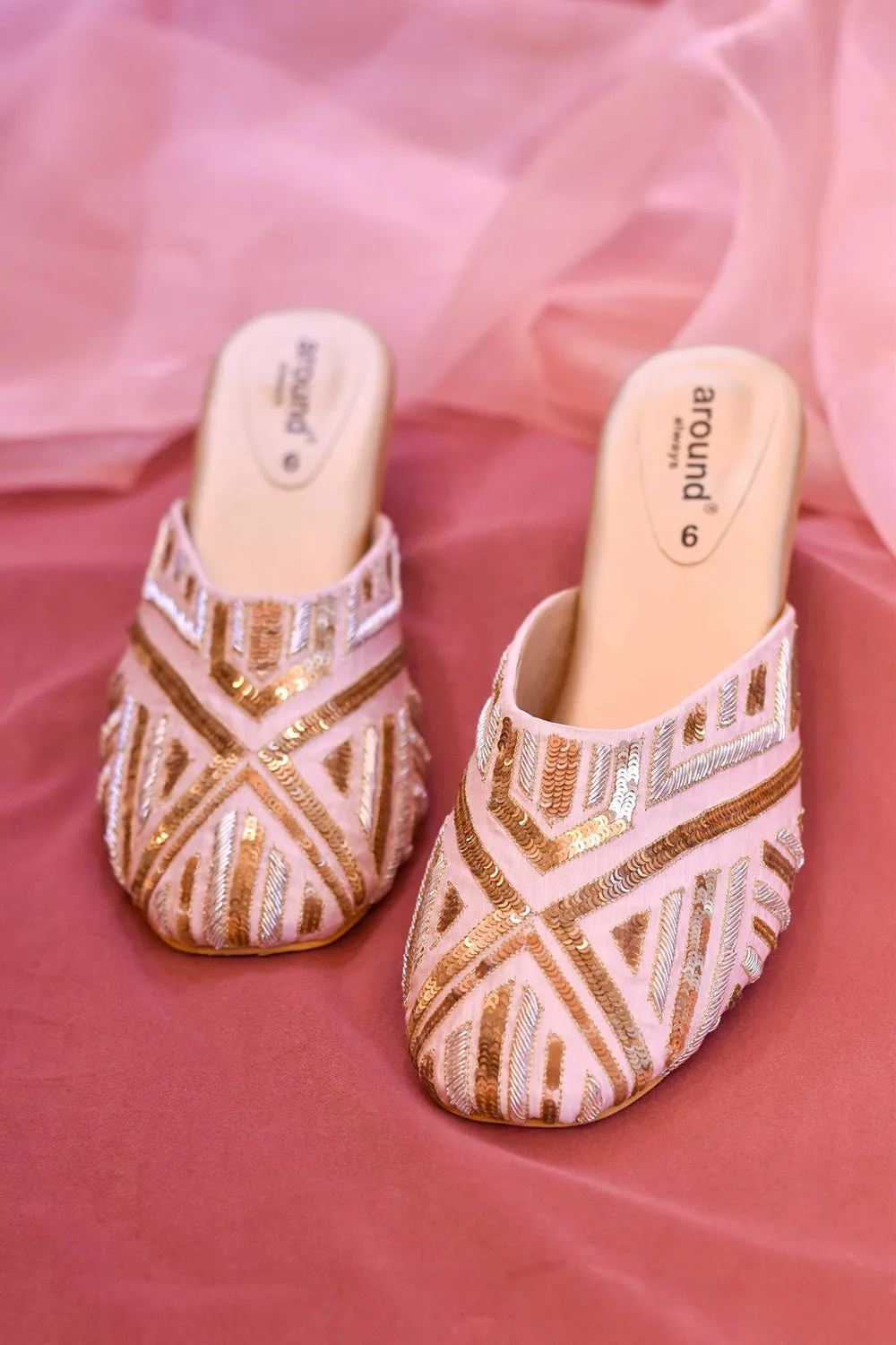 Poly Silk & Rexine Embroidered Square-Toe Mule Rose Gold Heels