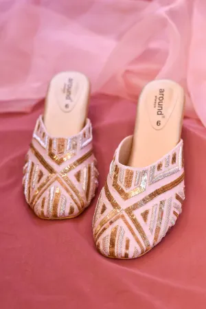Poly Silk & Rexine Embroidered Square-Toe Mule Rose Gold Heels