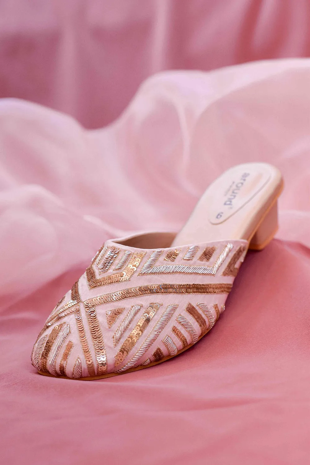 Poly Silk & Rexine Embroidered Square-Toe Mule Rose Gold Heels