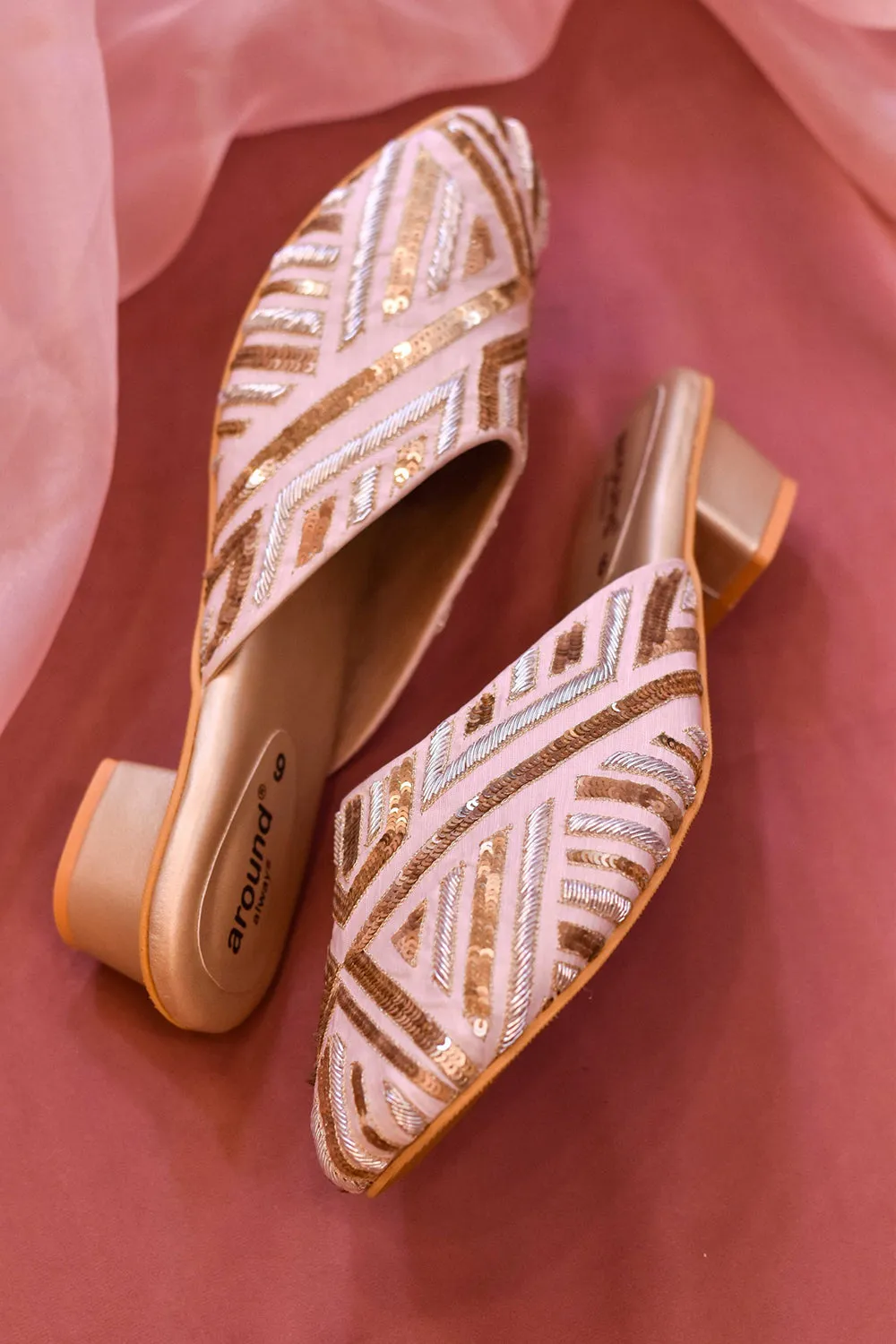 Poly Silk & Rexine Embroidered Square-Toe Mule Rose Gold Heels