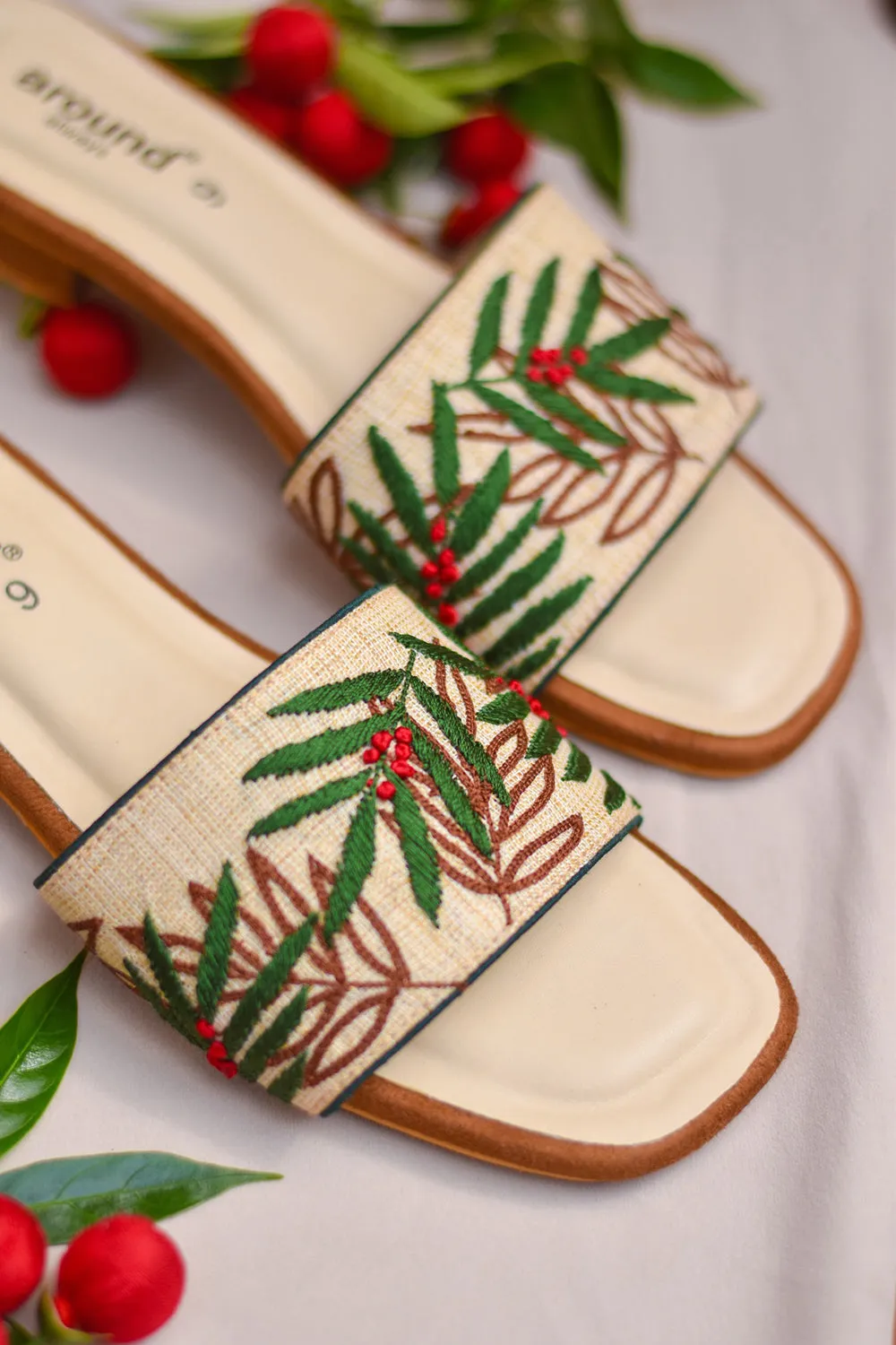 Poly Silk Embroidered Beige Sliders