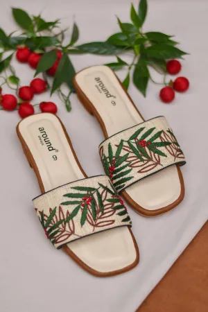 Poly Silk Embroidered Beige Sliders
