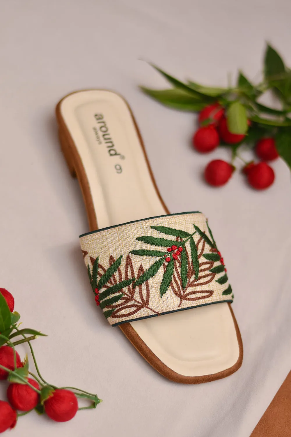 Poly Silk Embroidered Beige Sliders