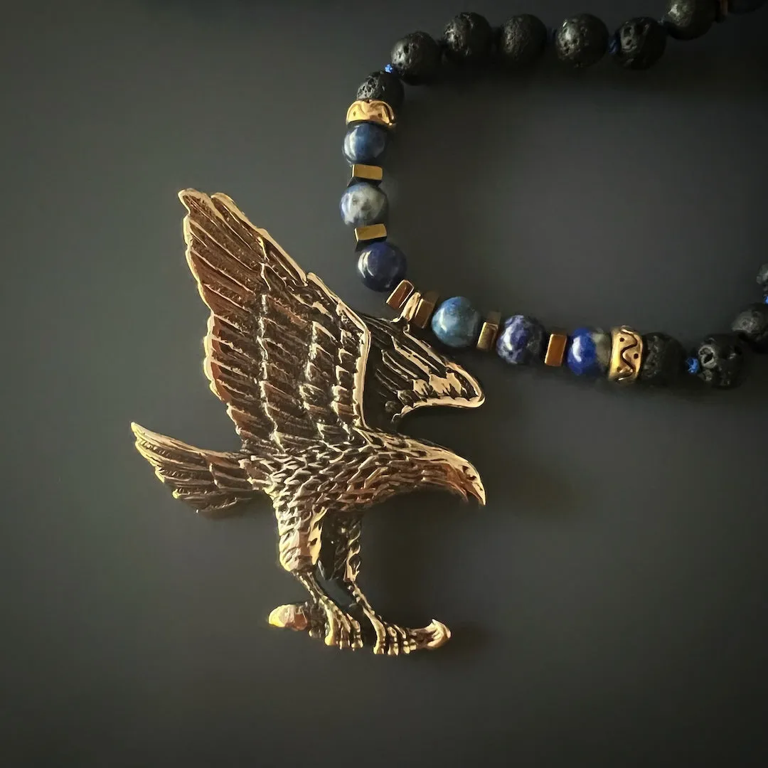 Powerful Spirit Animal Eagle Bronze Pendant Beaded Necklace